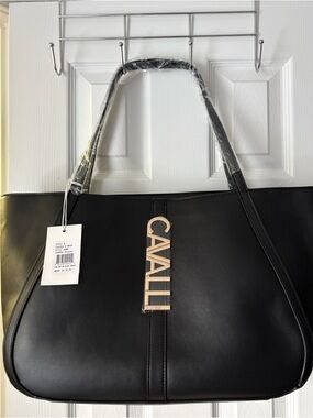 Cavalli Class Black Leather Tote with Gold Logo Charm